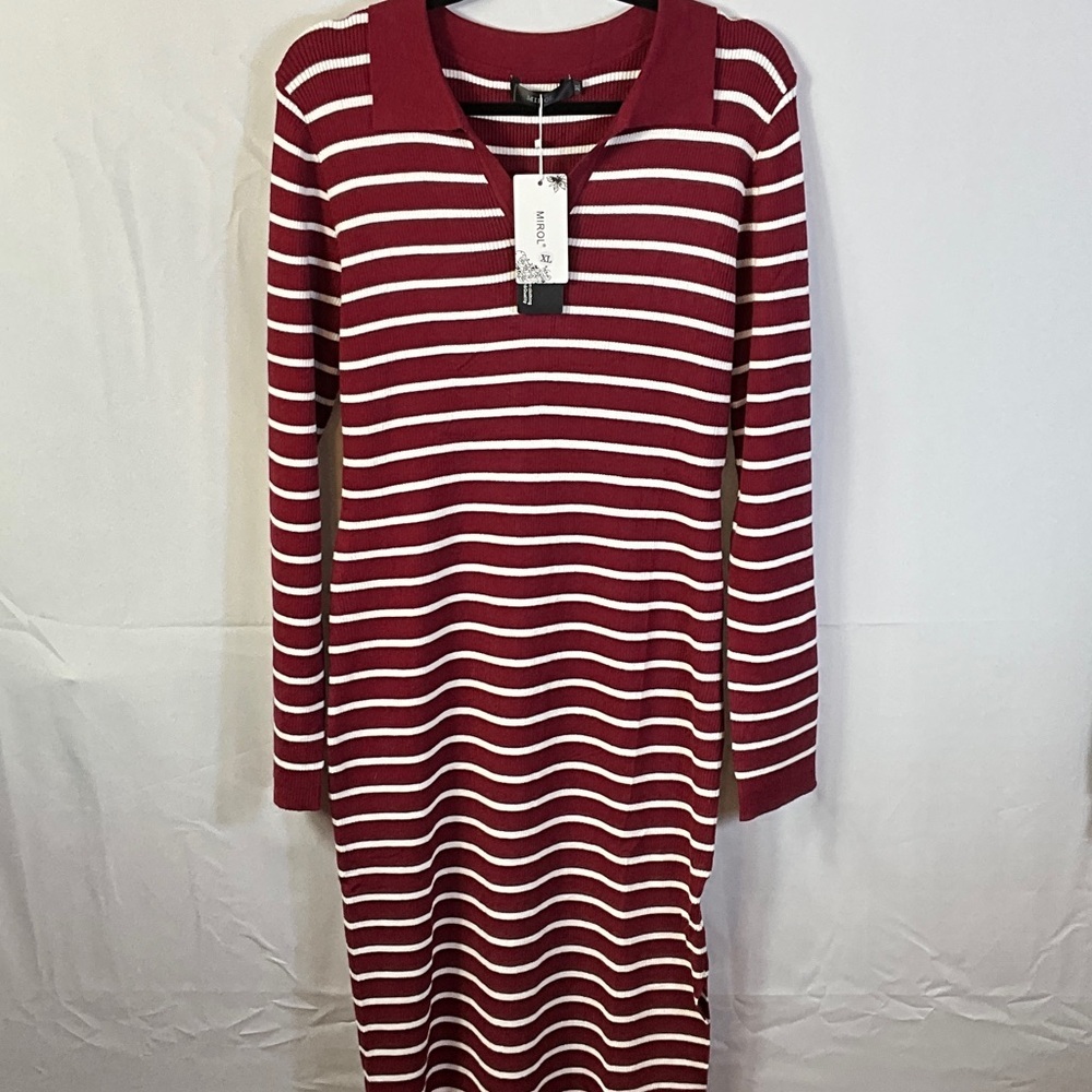 Mirol Size XL Striped Red and White Maxi Sweater Dress With Slit in Left Leg